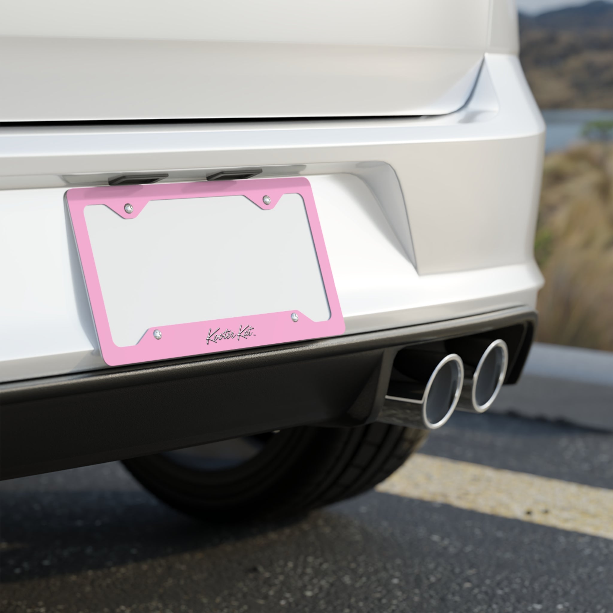 License Plate Frame — Pink Metal Car Tag Frame with Script Signature