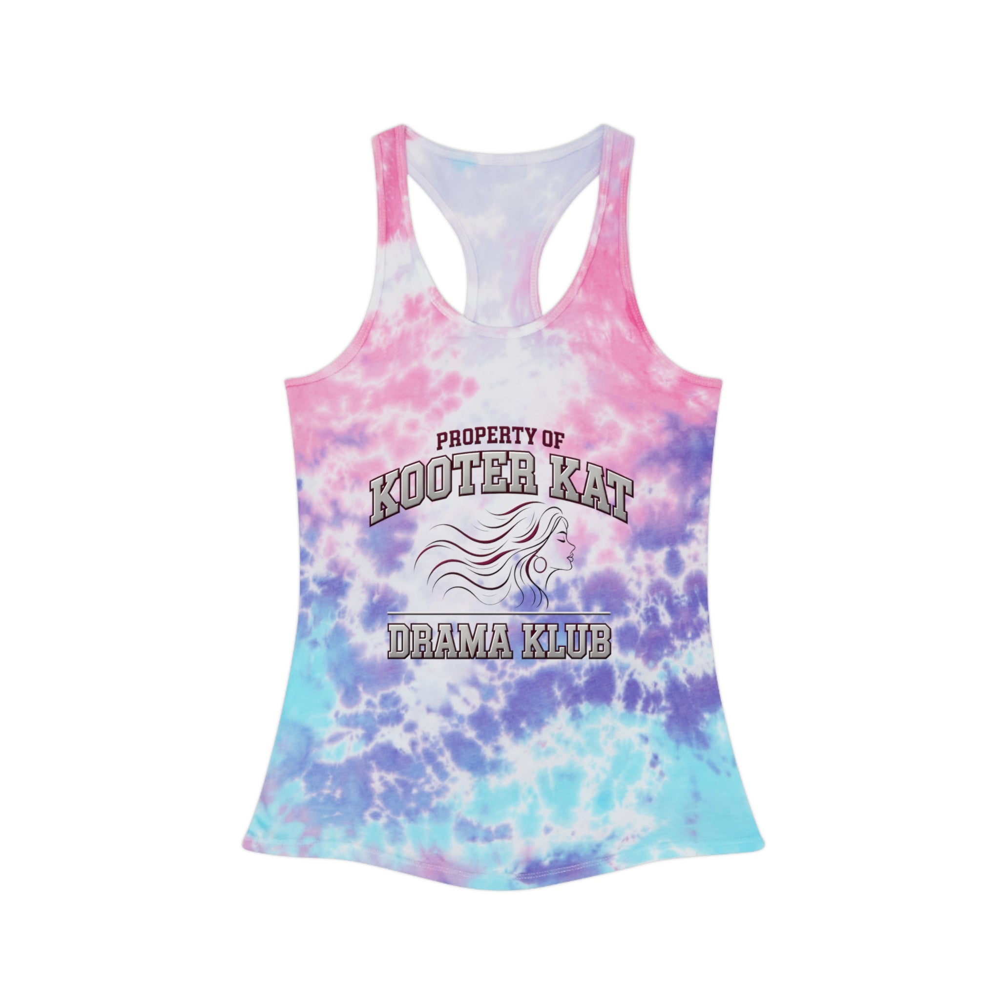 Tie-Dye Racerback Tank Top — "Property of Kooter Kat Drama Klub" Light Blue