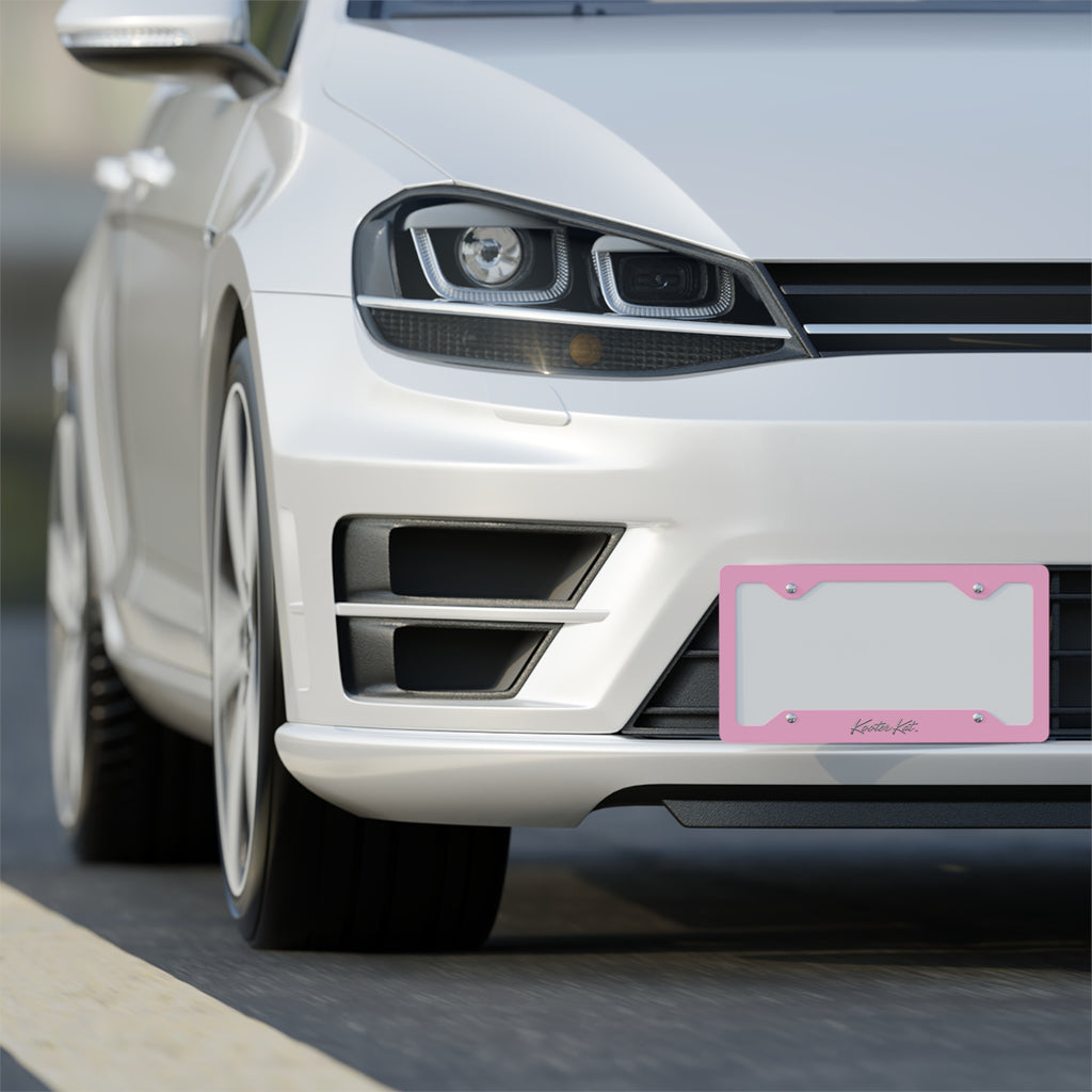 License Plate Frame — Pink Metal Car Tag Frame with Script Signature
