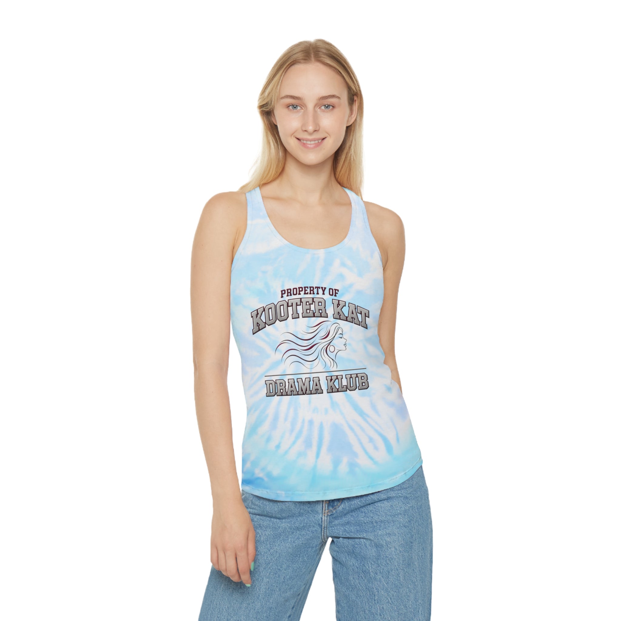 Tie-Dye Racerback Tank Top — "Property of Kooter Kat Drama Klub" Light Blue
